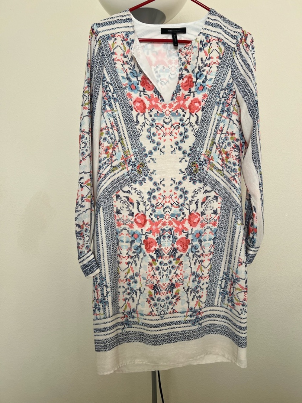 Never worn. Boho Floral Print V-Neck Long Sleeve Dress - White with Coral & Blue